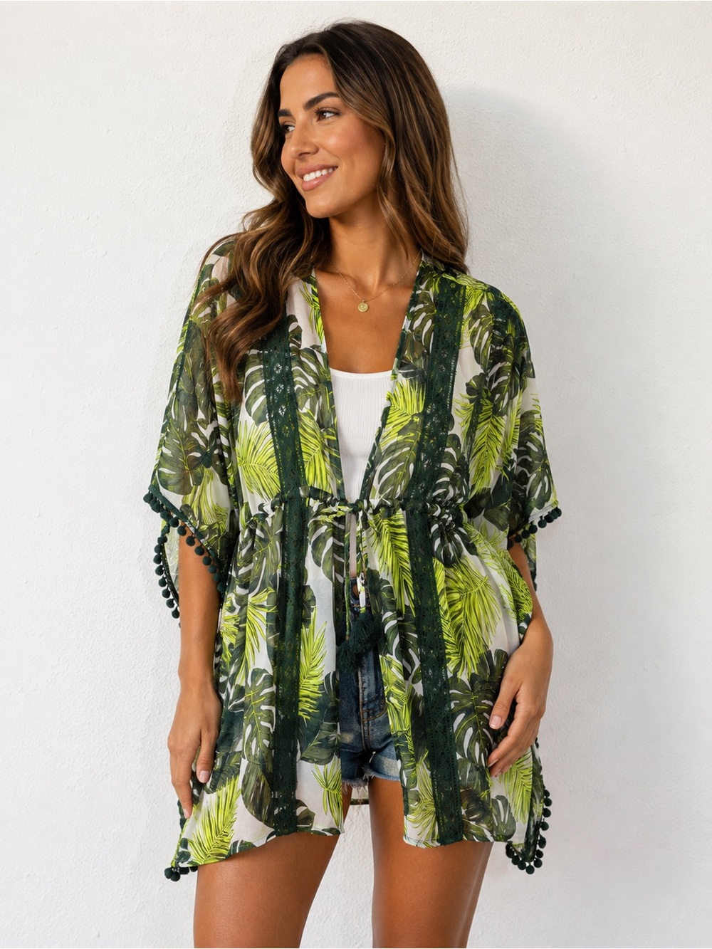 Time and Tru Green Tropical Leaf Tie-Front Swim Coverup Kimono OS